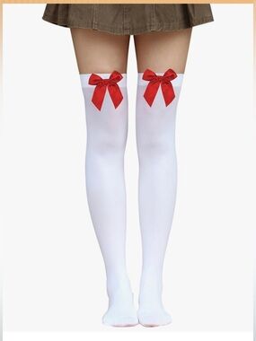 White Over-the-Knee Socks with Red Bow